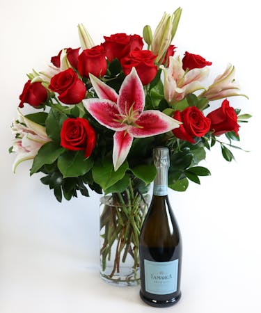 Roses with lilies and Prosecco